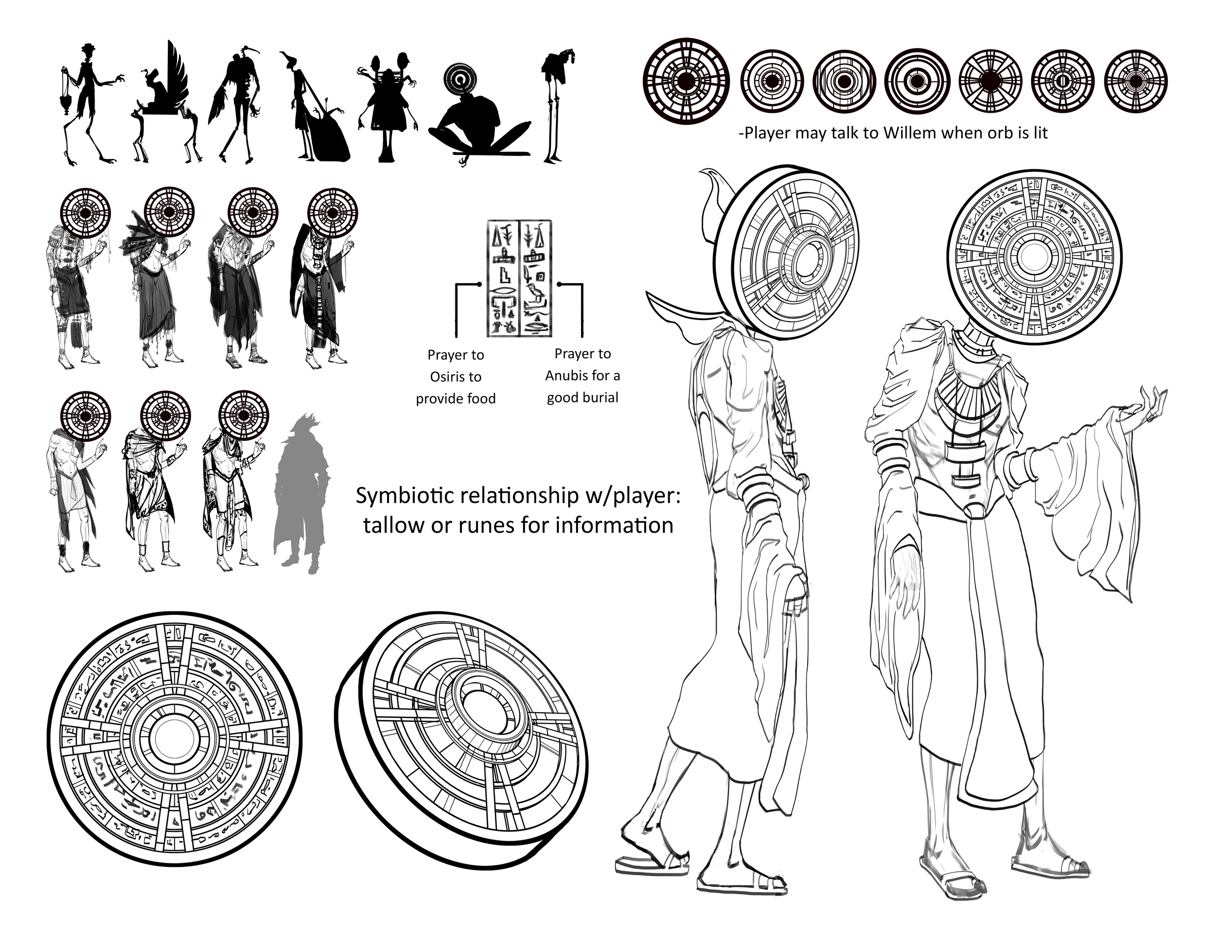 different designs for the sundial on the characters face