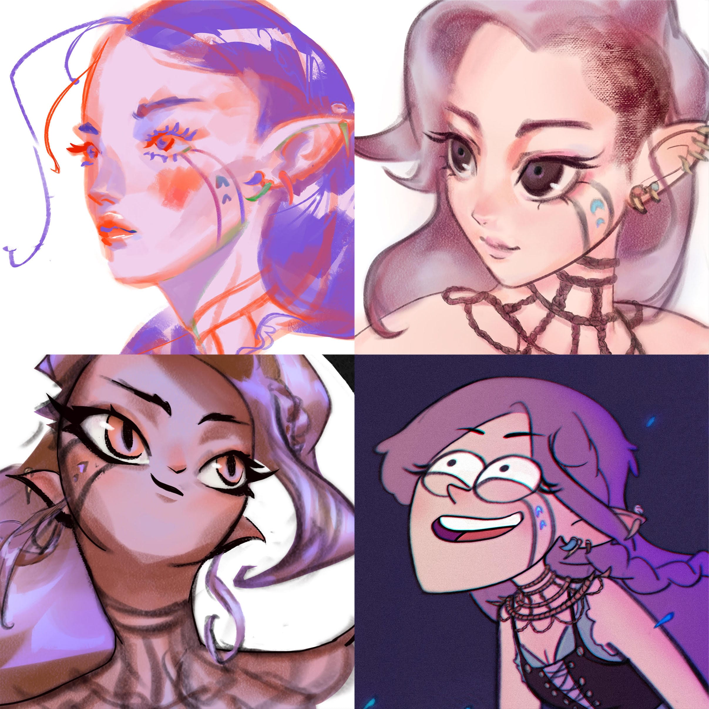 four illustrations of a woman with purple hair and long ears