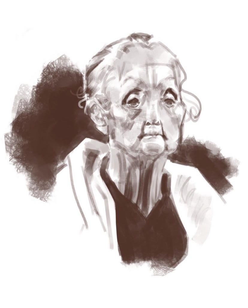 black and white sketch of an old lady