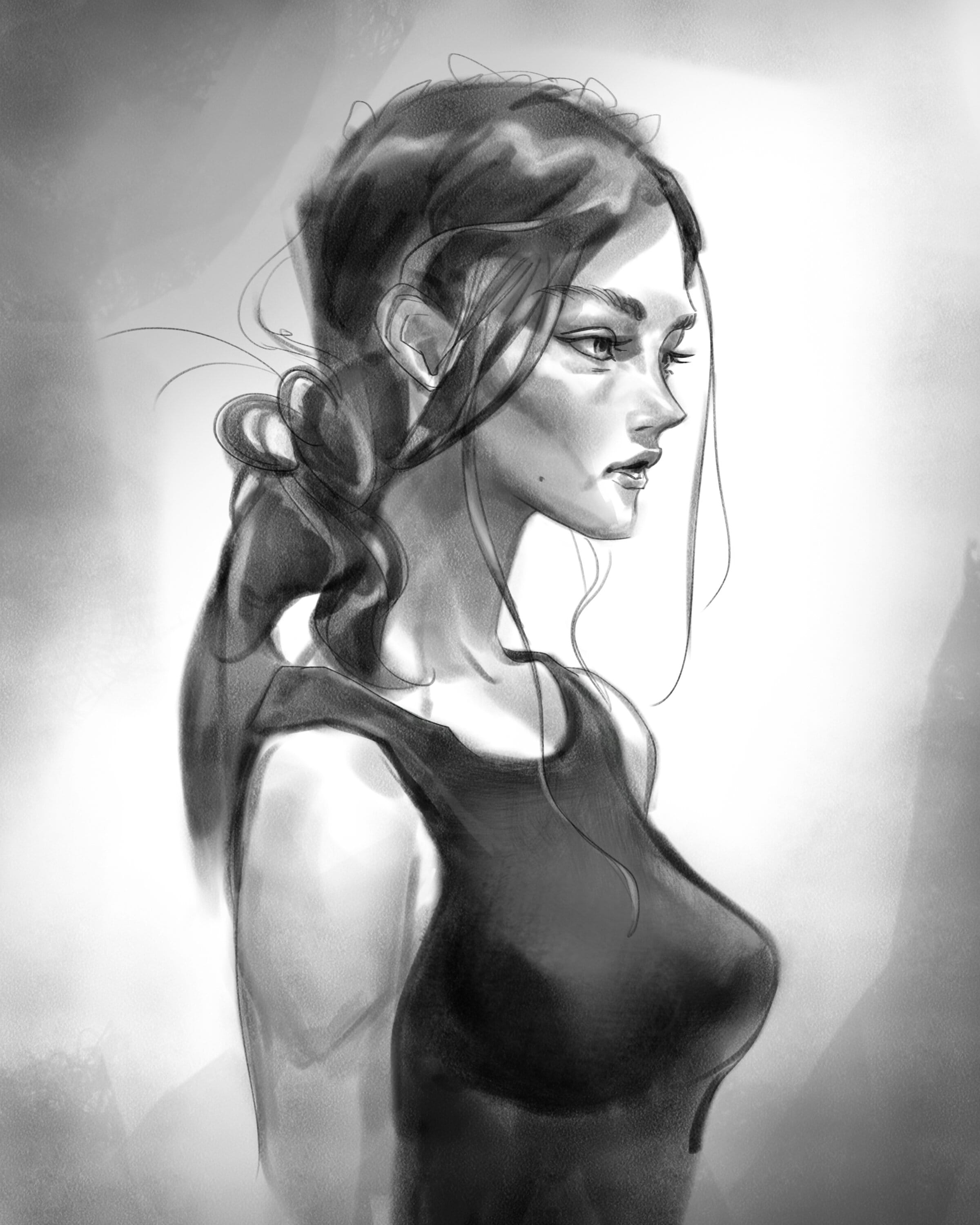 black and white sketch of a woman in a tanktop with long hair